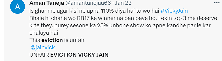 Netizens expressed their disappointment as Vicky Jain got evicted from Bigg Boss 17. 