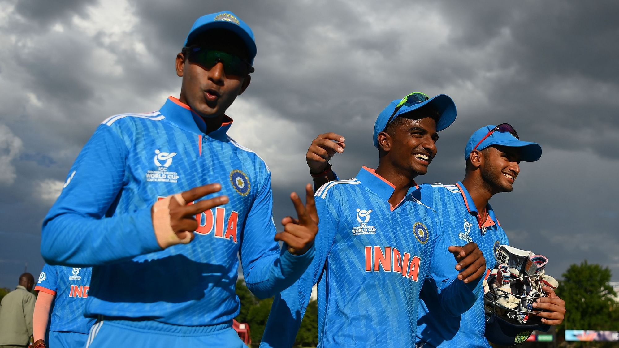 <div class="paragraphs"><p>Indian team players celebrate following the ICC U19 Men's Cricket World Cup South Africa 2024 win over USA at Mangaung Oval on January 28, 2024 in Bloemfontein, South Africa.</p></div>