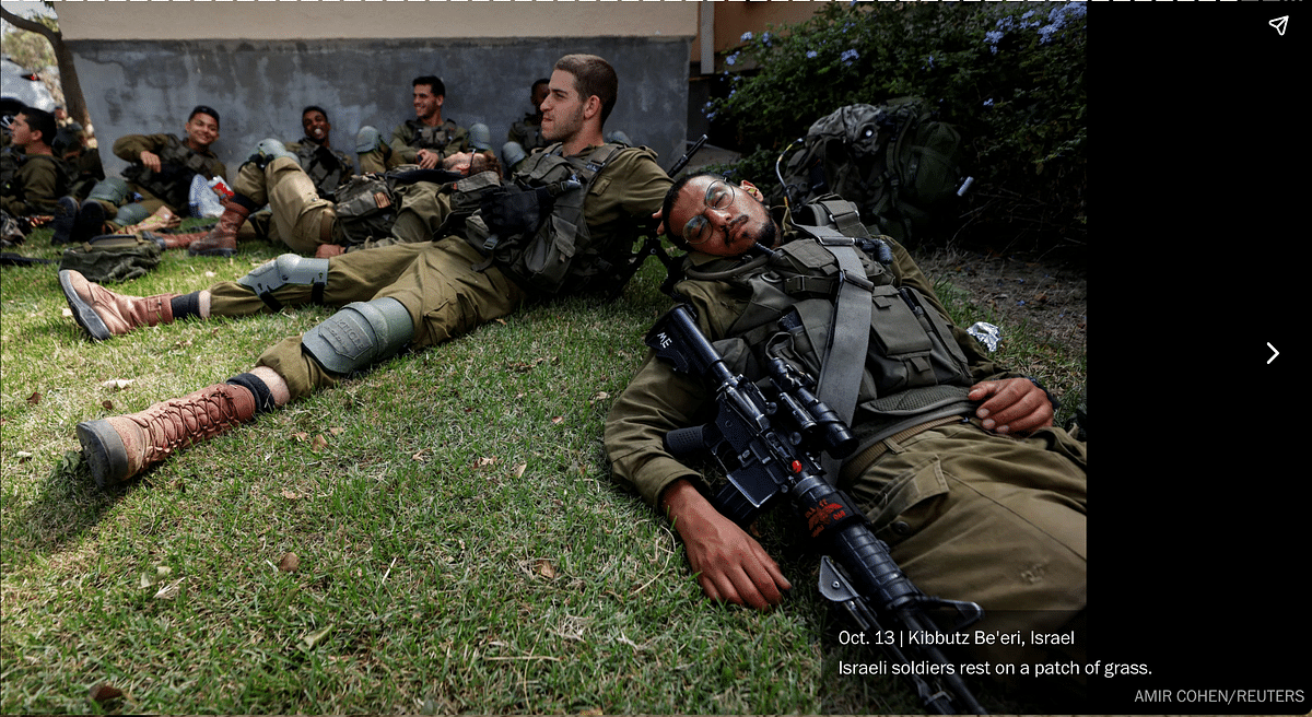 The original image shows IDF soldiers resting at Kibbutz Beeri in October 2023. 