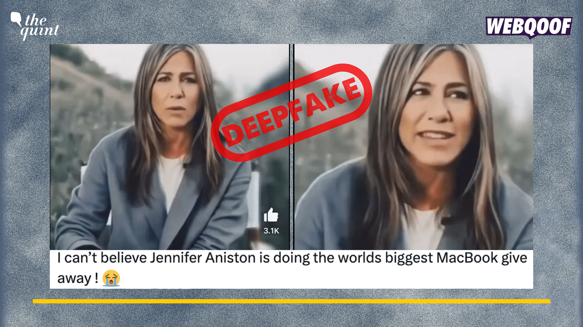 <div class="paragraphs"><p>Fact-Check: This video of Jennifer Aniston is a deepfake!</p></div>