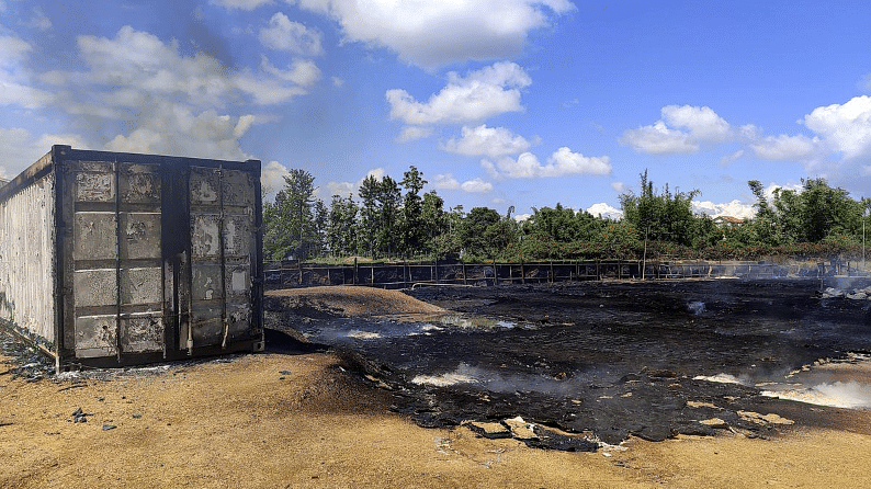 <div class="paragraphs"><p>Burnt remains of the godown of Manipur PHED Minister L Sushildro Meitei after it was set ablaze by a mob during the continuing ethnic unrest between Kuki and Meitei communities, at Chingarel in Imphal East district, on June 24, 2023.</p></div>