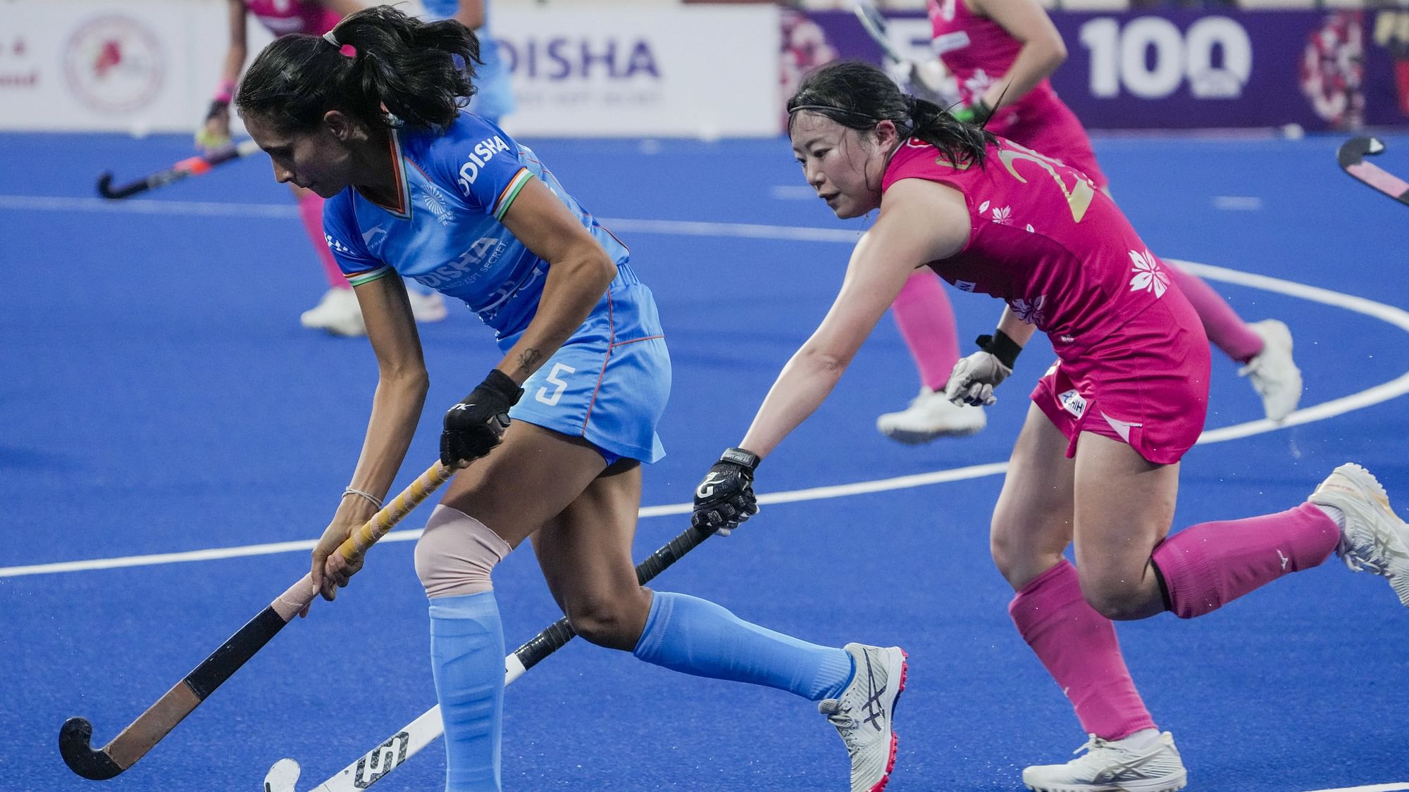 <div class="paragraphs"><p>Ranchi: Sonika (5) of India moves forward during the FIH Women's Olympic Qualifiers 2024 hockey match between India and Japan, at Marang Gomke Jaipal Singh Astro Turf Hockey Stadium, in Ranchi, Friday, Jan. 19, 2024.</p></div>