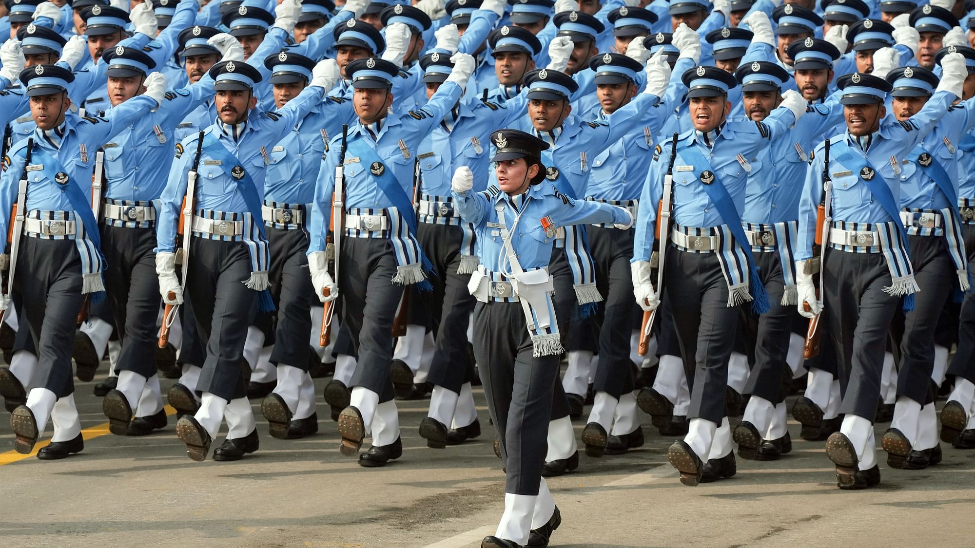 <div class="paragraphs"><p>IAF contingent marches past during the full dress rehearsal for the Republic Day Parade 2024 at the Kartavya Path, in New Delhi.</p></div>