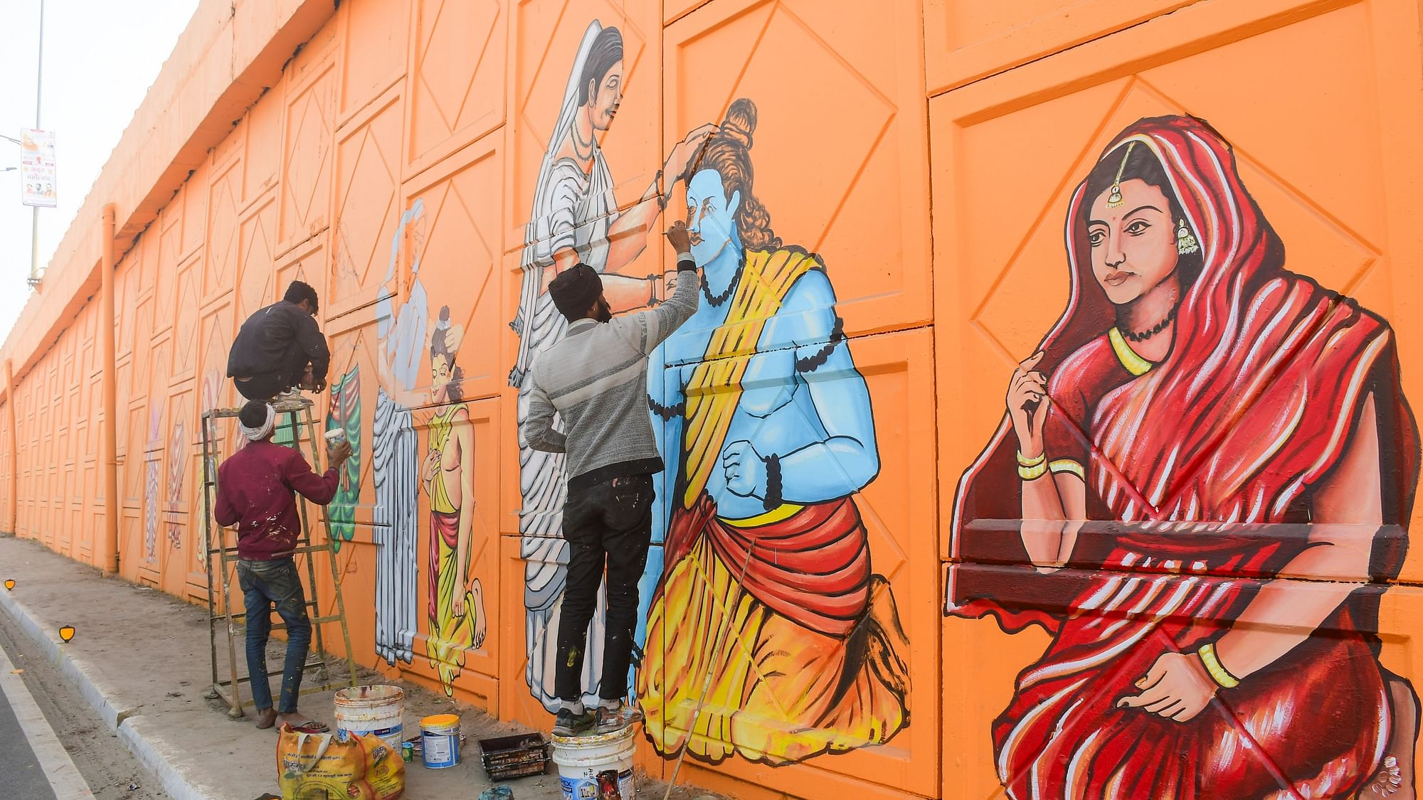 <div class="paragraphs"><p>Artists make a graffiti depicting Lord Ram and Goddess Sita on the wall of an overbridge ahead of the Jan. 22 consecration of the Ram Mandir, in Ayodhya.</p></div>