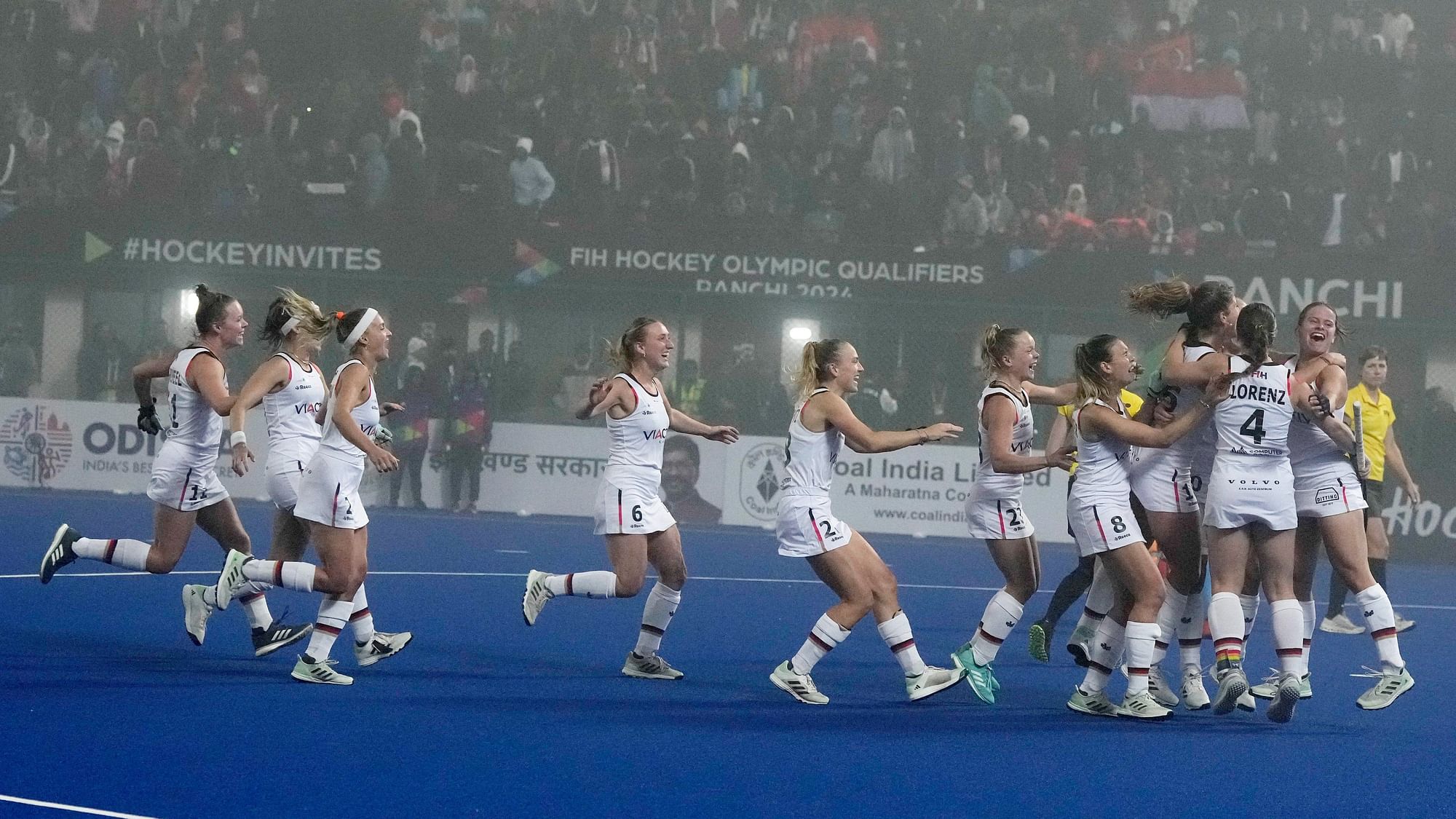 <div class="paragraphs"><p>Ranchi: Ranchi: Germany players celebrate after winning the FIH Women's Olympic Qualifiers match over India in penalty shootout, at Marang Gomke Jaipal Singh Astro Turf Hockey Stadium in Ranchi, Thursday, Jan. 18, 2024.</p></div>