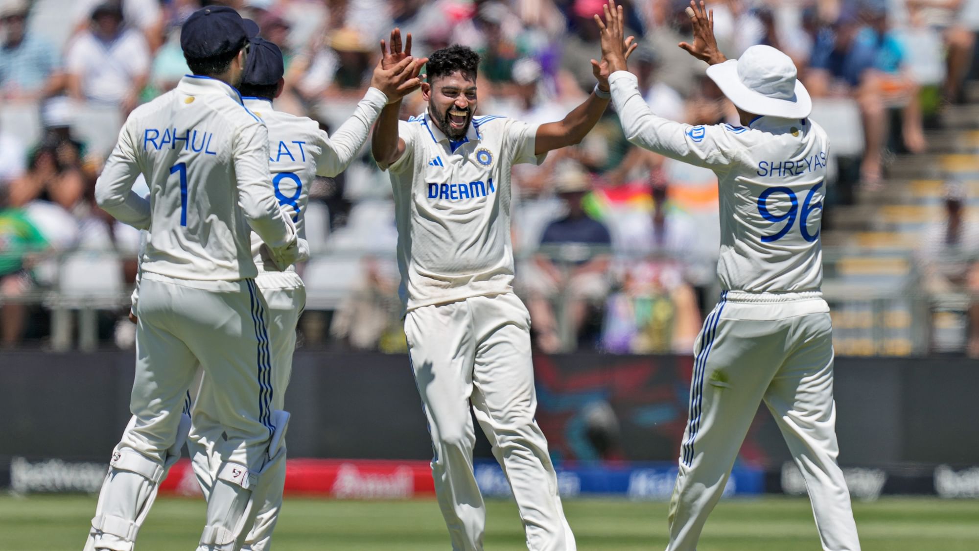 <div class="paragraphs"><p>Mohammed Siraj celebrates a wicket with teammates on the first day of the second Test cricket match between India and South Africa, at the Newlands Cricket Ground, in Cape Town, South Africa, Wednesday, Jan. 3, 2024.</p></div>