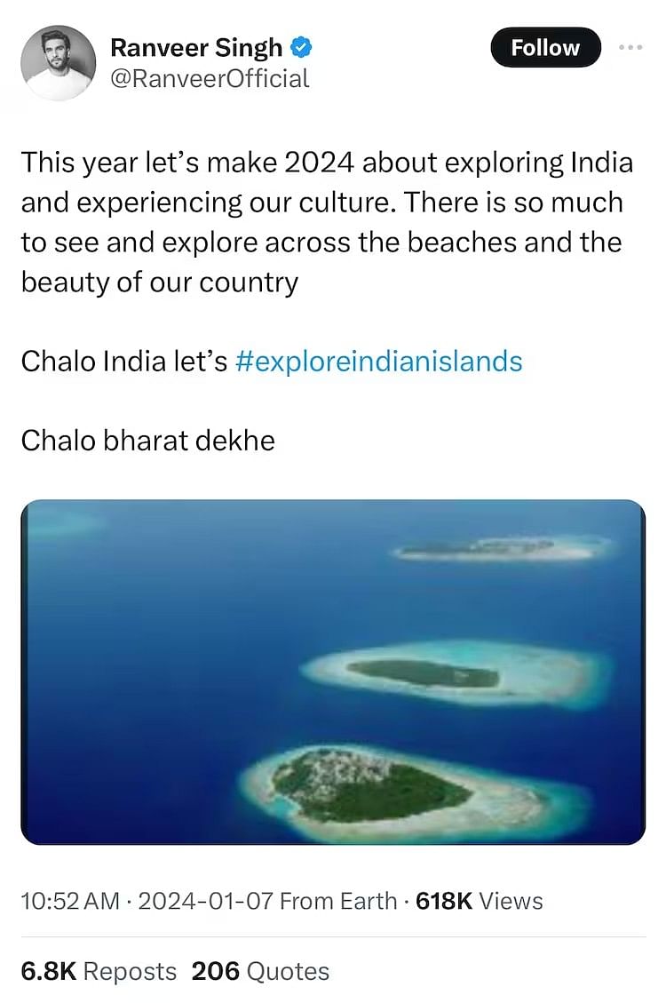 Ranveer Singh caught netizens' attention when he posted a picture of Maldives while promoting tourism in India.