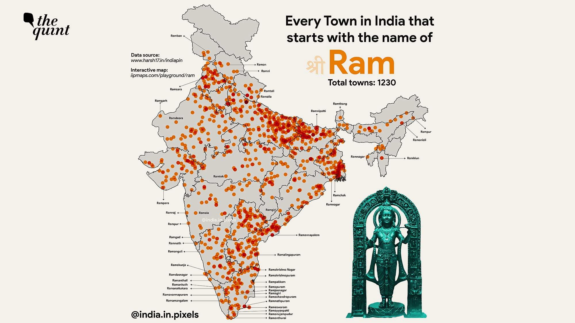 <div class="paragraphs"><p>An online post by India in Pixels, a digital project of IIT Kharagpur alumnus Ashris Choudhury, which mapped “every town in India that starts with the name of (Shri) Ram".</p></div>
