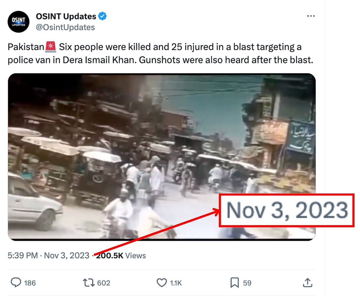 The clip dates back to 3 November 2023 and shows a blast near the Tank Adda area of Dera Ismail Khan, Pakistan.