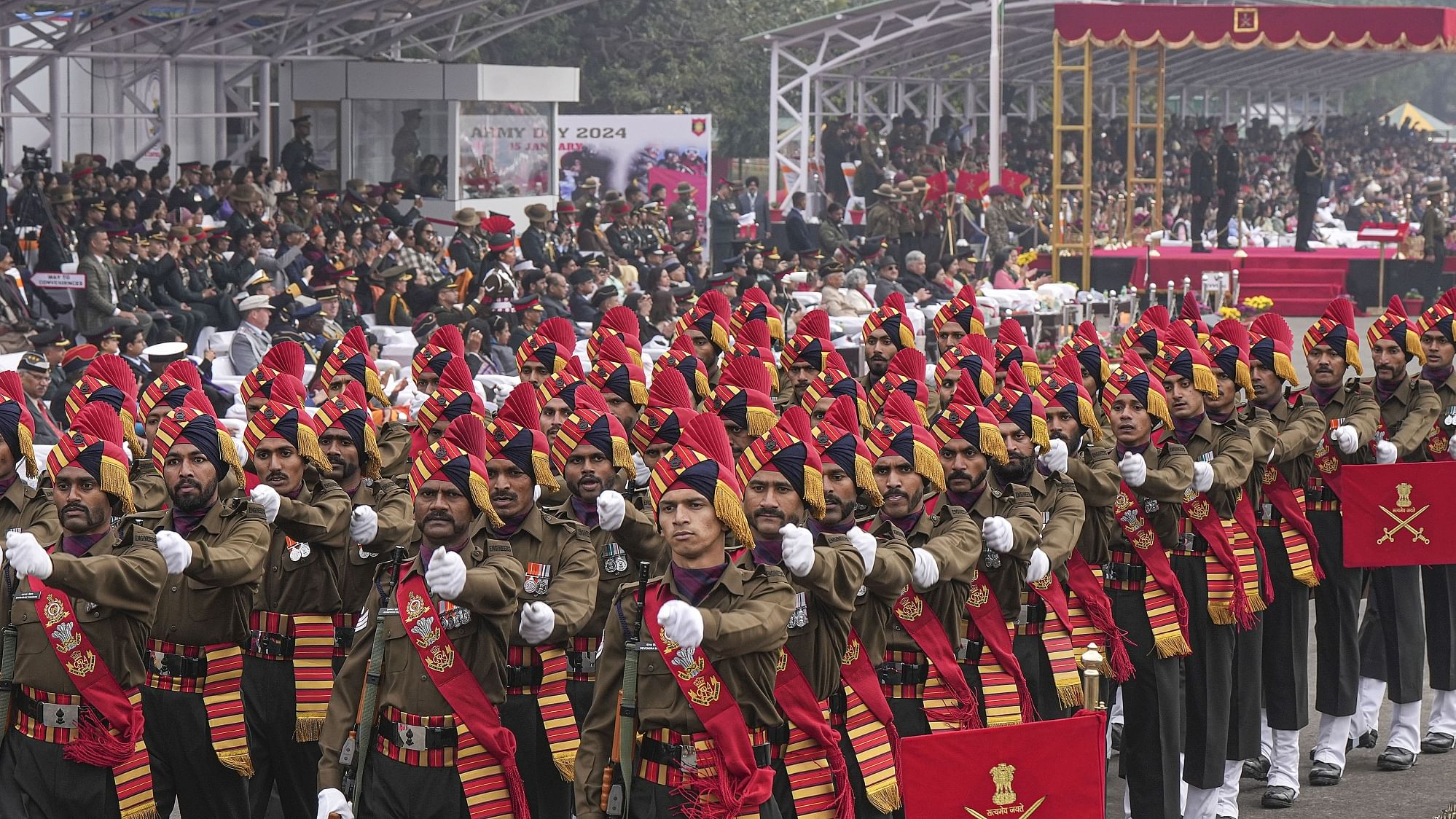 <div class="paragraphs"><p>A contingent marches past during Army Day celebrations at the Parade Ground at 11 GR in Lucknow on Monday, 15 January.</p></div>