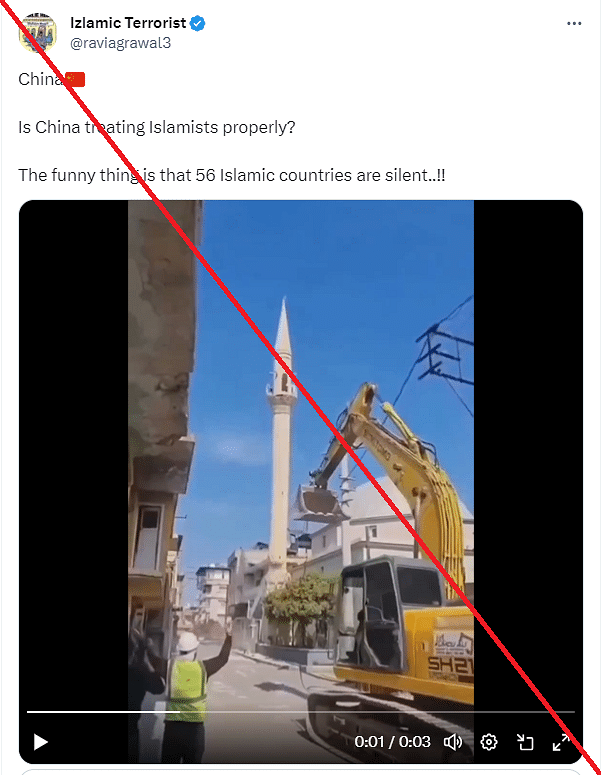 The video is from February 2023 and shows a "controlled demolition" of a minaret in Turkey.