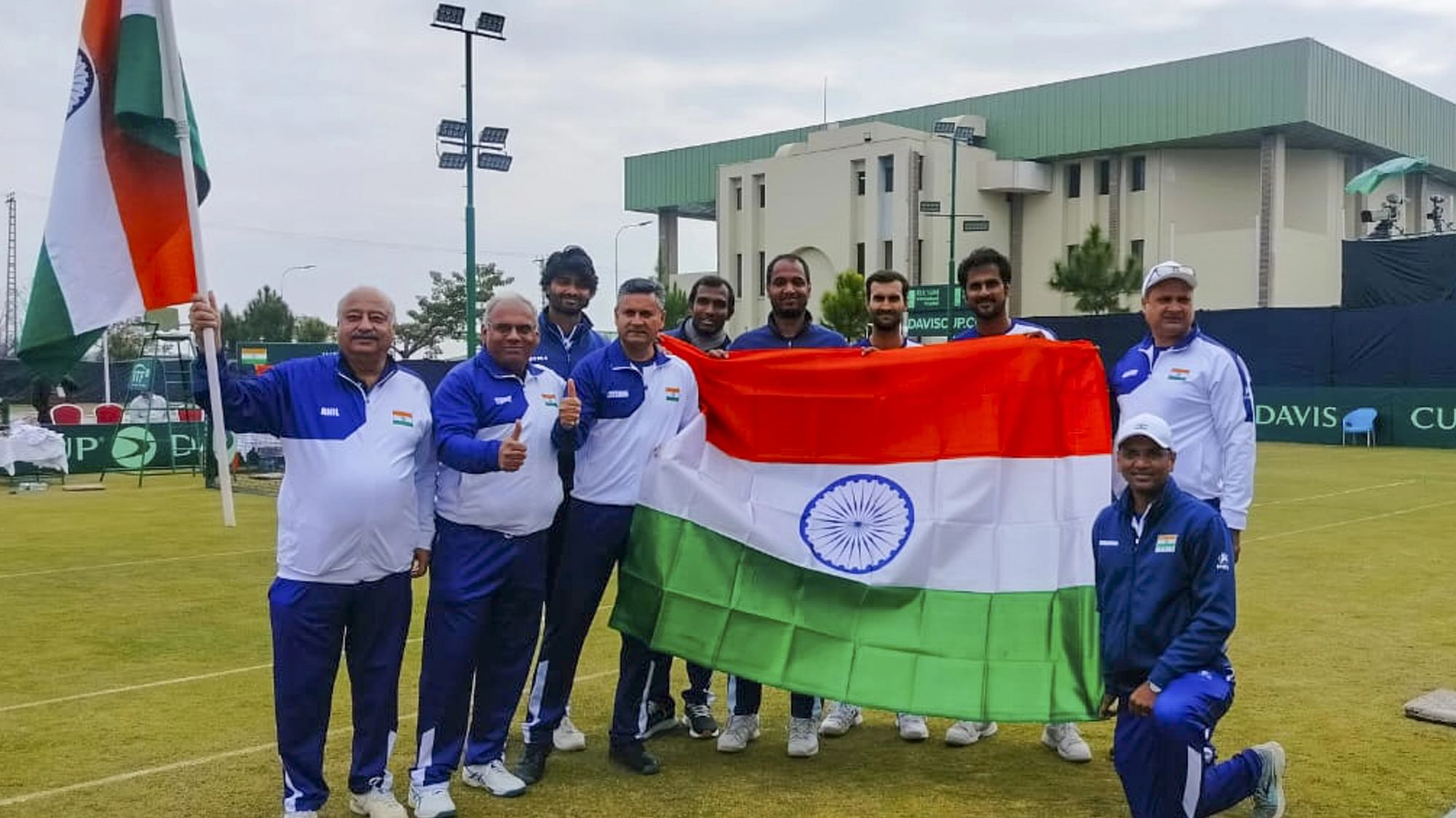 <div class="paragraphs"><p>Islamabad: Indian team poses for photos after India's Yuki Bhambri and Saketh Myneni beat Pakistani duo Aqeel Khan and Muzammil Murtaza in doubles game during the Davis Cup 2024 tennis match, in Islamabad, Sunday, Feb. 4, 2024. Indian Davis Cup team advanced to World Group I after taking unassailable 3-0 lead against Pakistan.</p></div>