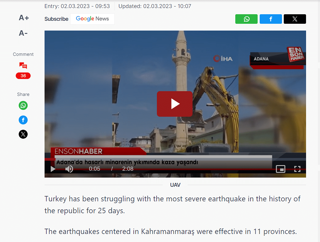 The video is from February 2023 and shows a "controlled demolition" of a minaret in Turkey.