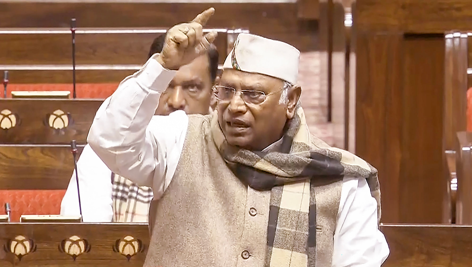 <div class="paragraphs"><p>Leader of the Opposition in Rajya Sabha Mallikajun Kharge speaks during the Budget session of Parliament, in New Delhi, on Friday, 2 February.</p></div>