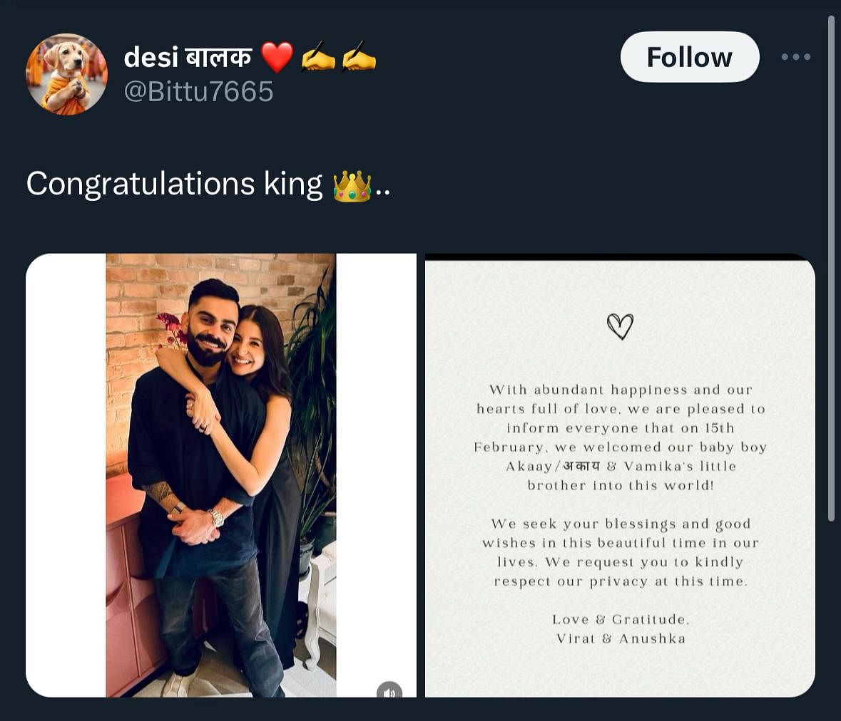 #ViratKohli and #AnushkaSharma are blessed with a baby boy. The couple has named their son "Akaay."