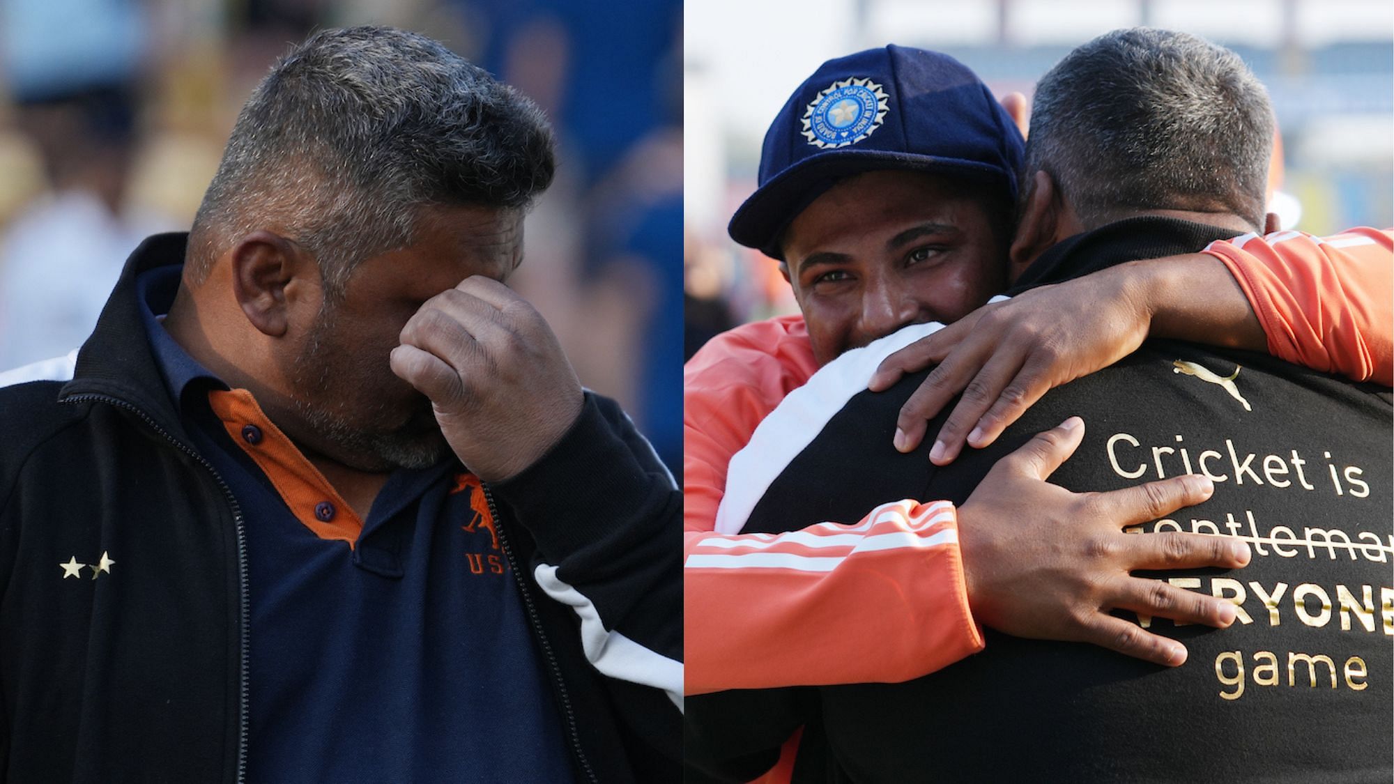 <div class="paragraphs"><p>Sarfaraz Khan of India hugs his dad after receiving test debut cap during the first day of the 3rd Test match between India and England held at the Niranjan Shah Stadium Rajkot on the 15th February 2024</p></div>