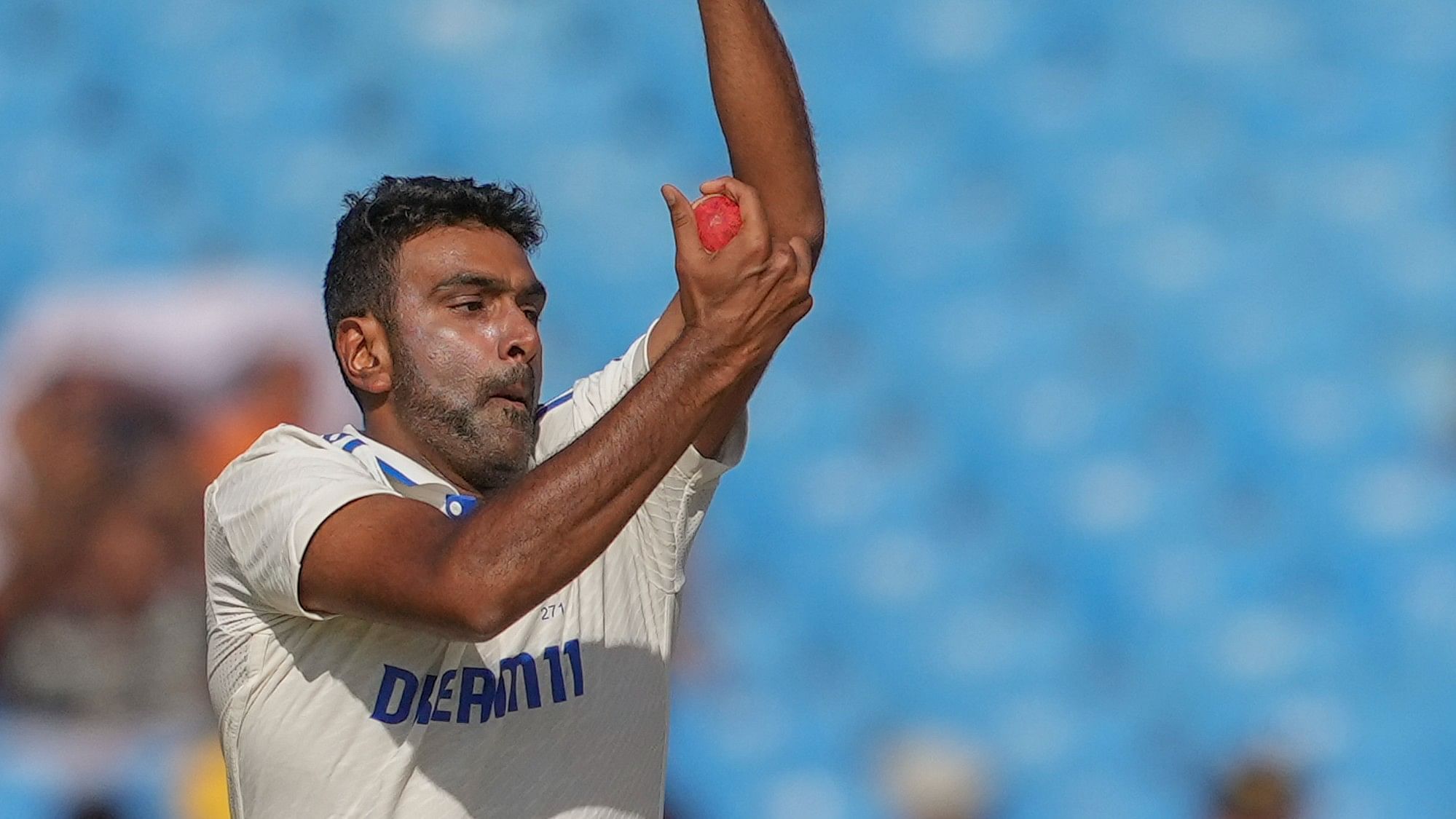 <div class="paragraphs"><p>Rajkot: India's Ravichandran Ashwin bowls a delivery on the fourth day of the third test cricket match between India and England, at the Niranjan Shah Stadium, in Rajkot, Sunday, Feb. 18, 2024. </p></div>