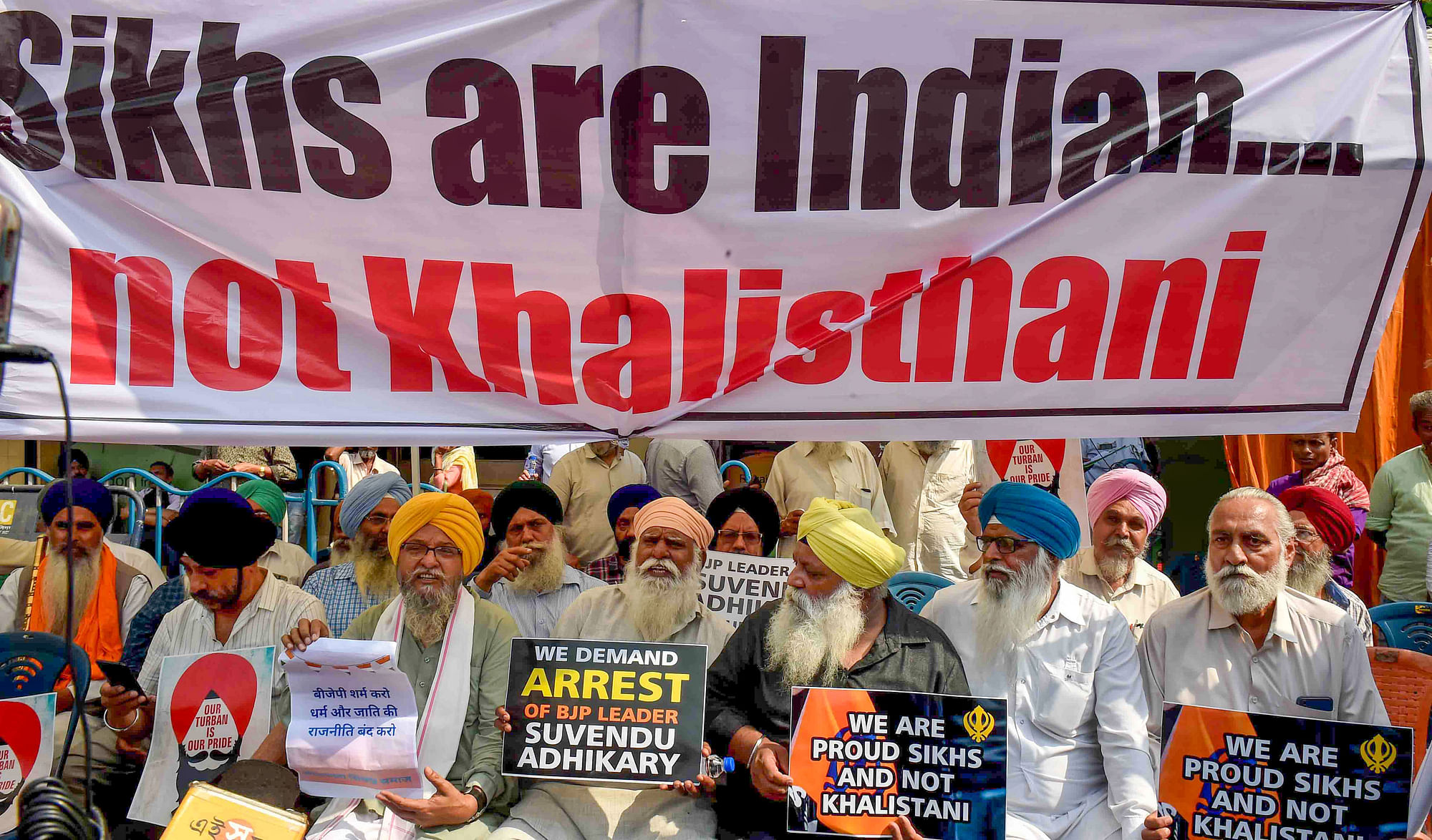 <div class="paragraphs"><p>People from the Sikh community stage a protest against BJP leader Suvendu Adhikari after he allegedly called a Sikh IPS officer Khalistani, outside the BJP office, in Kolkata on Wednesday, 21 February. Image used for representational purposes only.</p></div>