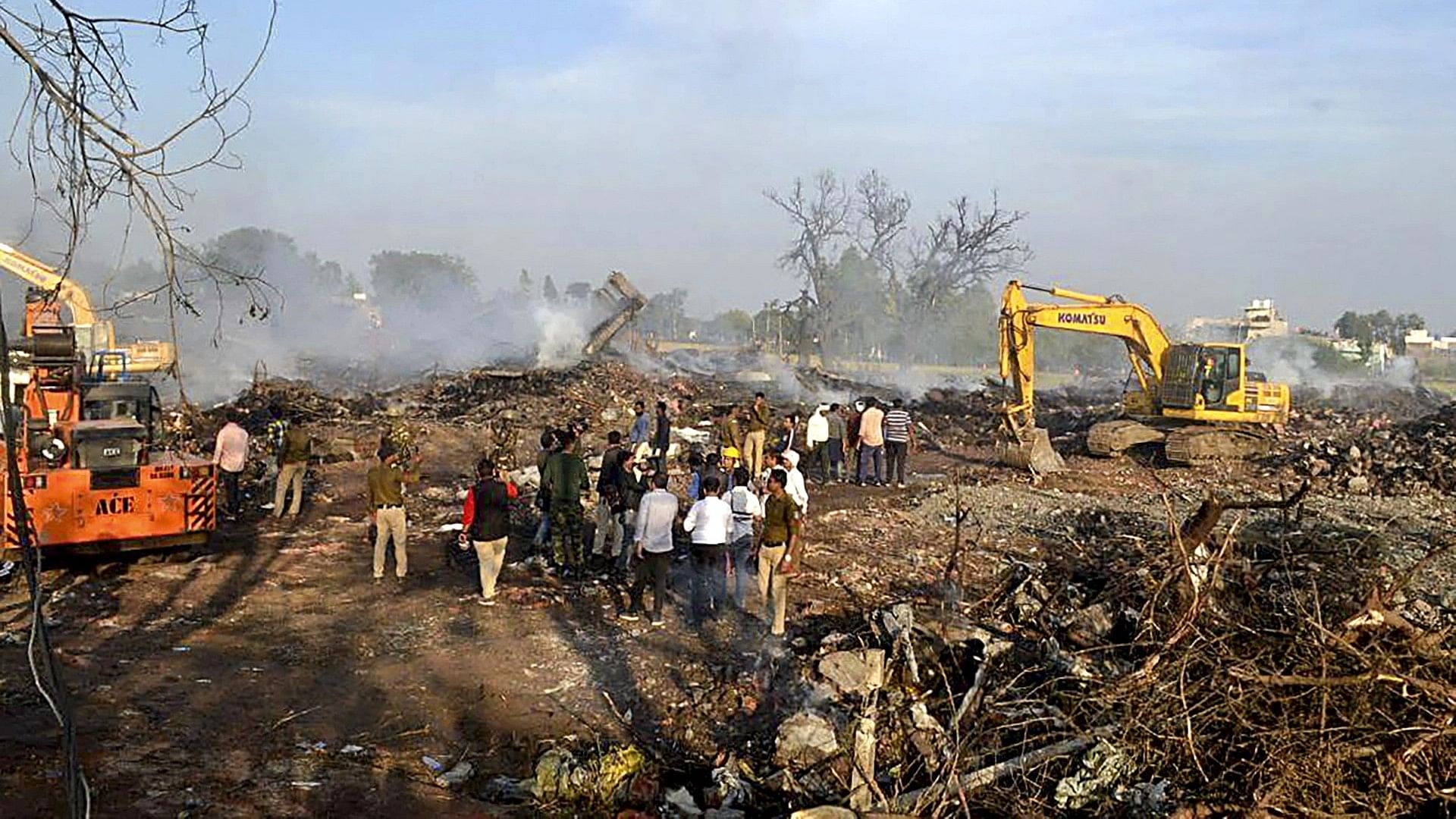 <div class="paragraphs"><p>Rescue work underway after blast and fire at a firecracker factory in Harda, Madhya Pradesh.</p></div>