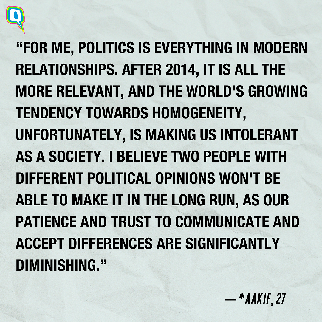 People speak about how much relationships can be affected by politics. 