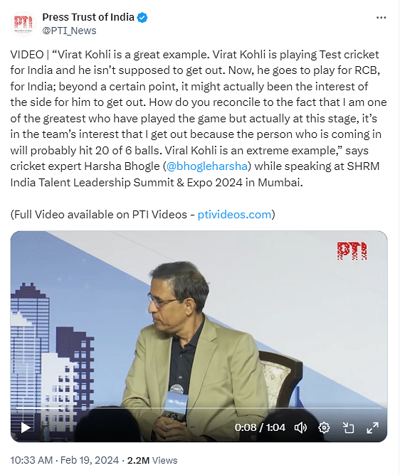 Cricket commentator Harsha Bhogle recently called out news agency PTI for misrepresenting what he said.