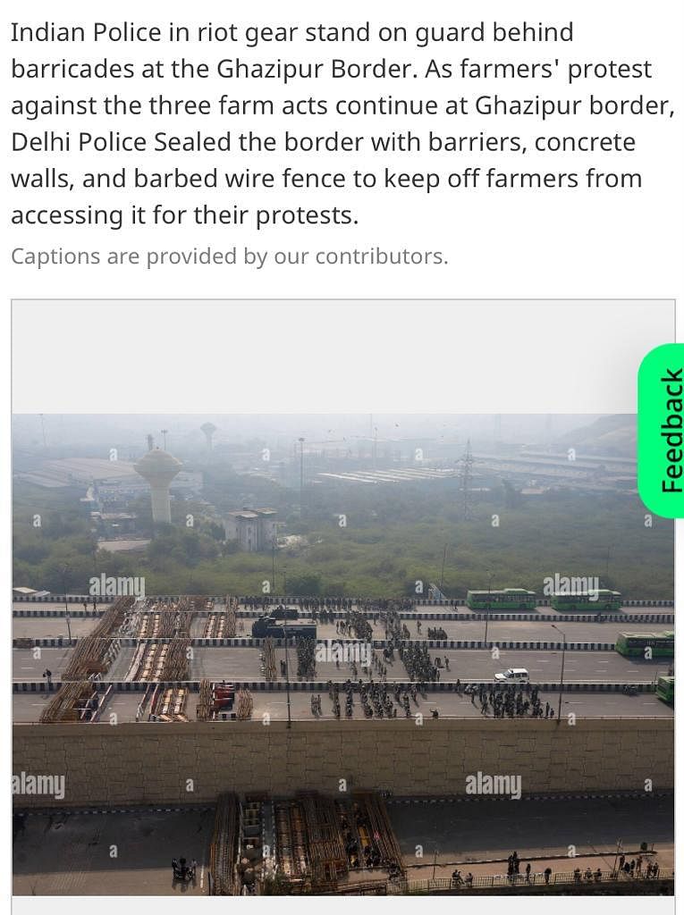 The photo is three years old and shows visuals of a blockade at the Ghazipur border during the 2021 farmers' protest