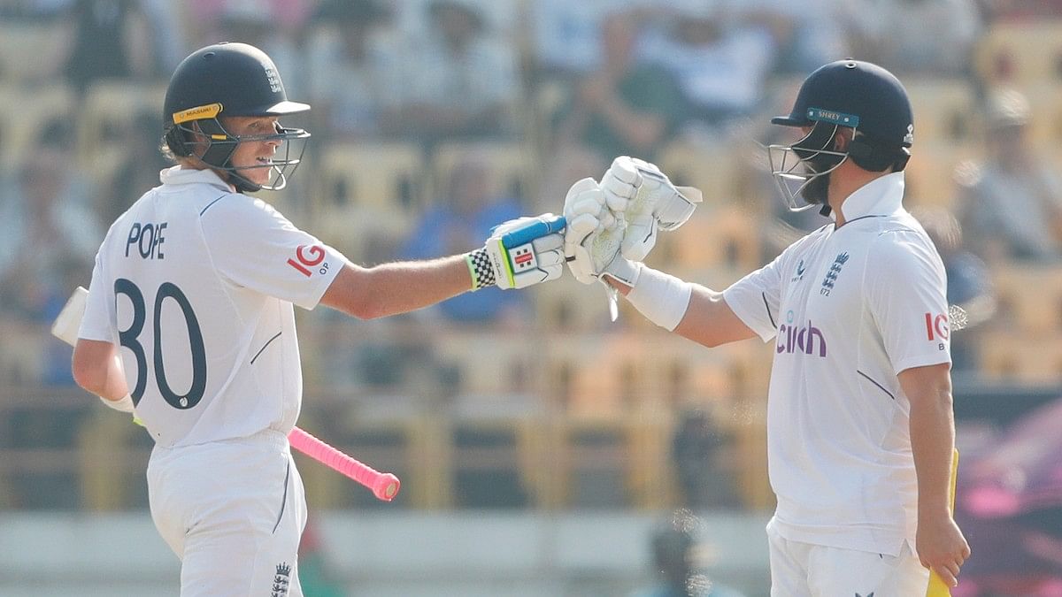 <div class="paragraphs"><p>Ollie Pope of England and Ben Duckett of England during the second day of the 3rd Test match between India and England held at the Niranjan Shah Stadium Rajkot on the 16th February 2024</p></div>