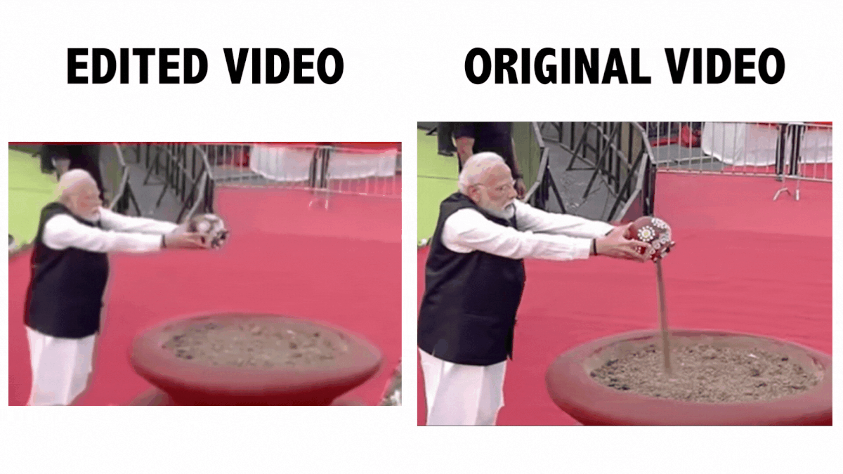 This video is digitally altered, the original clip shows PM Modi pouring sand from an earthen pot.