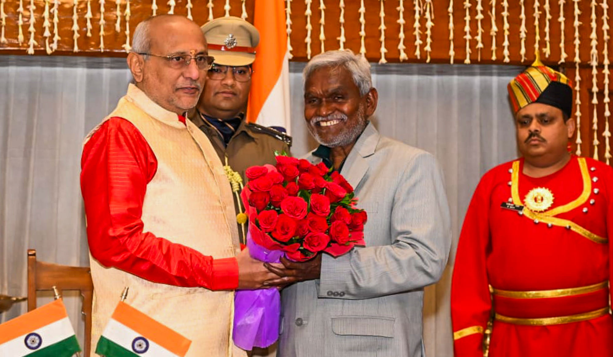<div class="paragraphs"><p>Jharkhand Governor CP Radhakrishnan greets newly sworn-in Chief Minister Champai Soren after the oath-taking ceremony at Raj Bhawan on Friday, 2 February.</p></div><div class="paragraphs"></div>