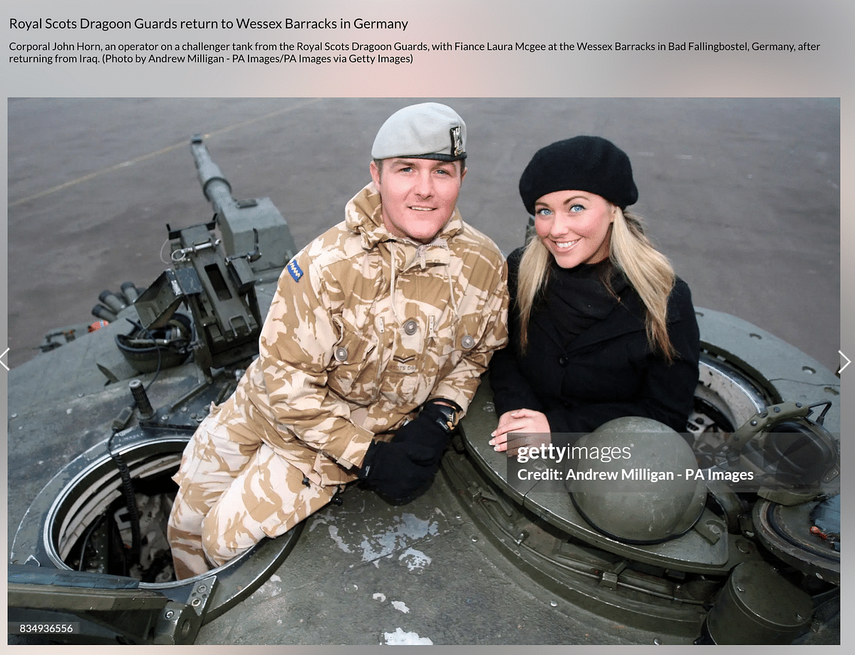 The photo shows British Corporal John Horn with his fiancee in Germany, photographed in 2008.