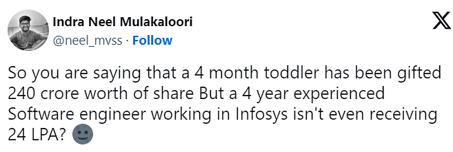 Narayana Murthy gifts grandson ₹240 Cr worth of Infosys shares, sparking hilarious internet reactions.