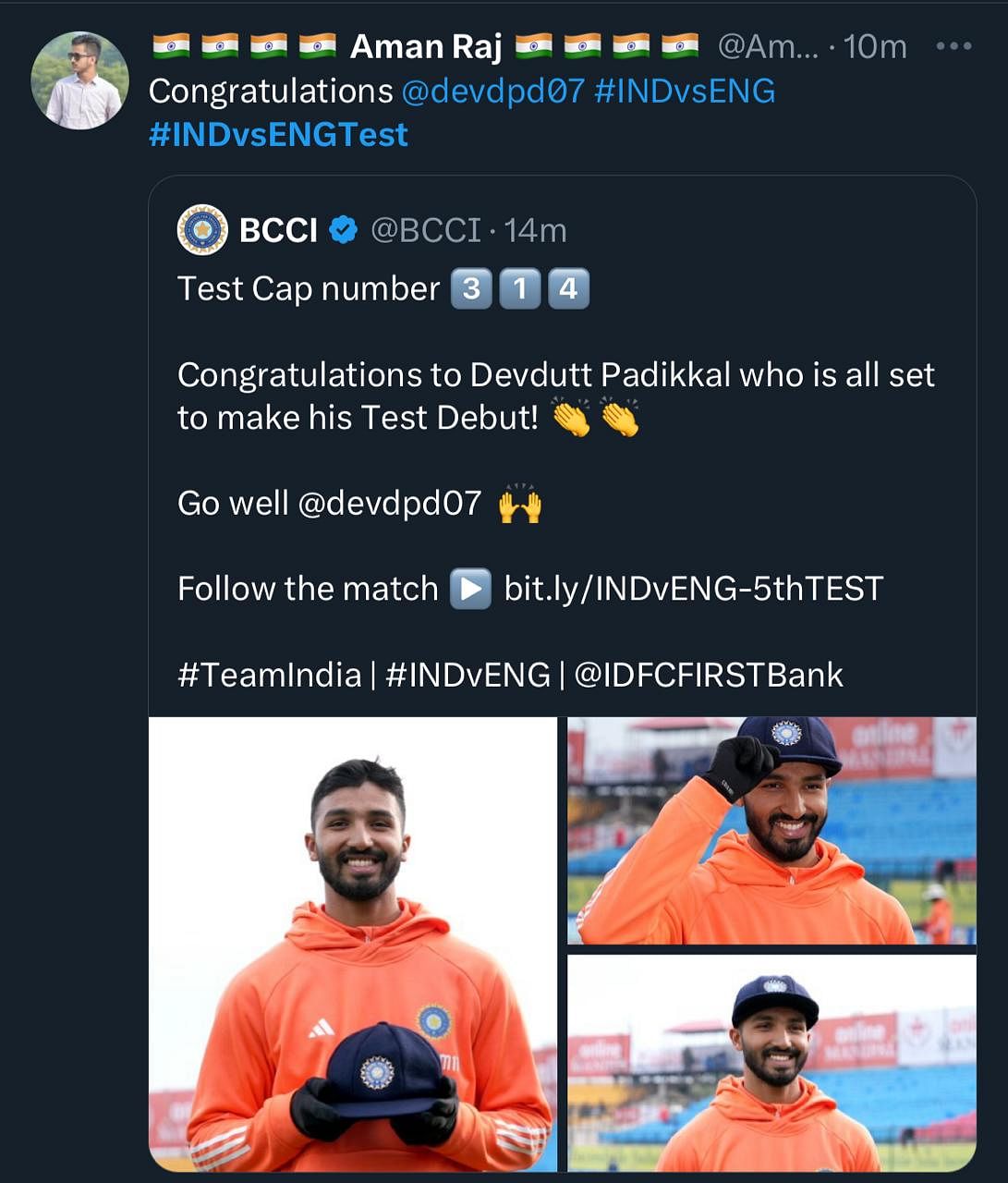 #IndvsEng | Devdutt Padikkal received his devut Test cap from #RAshwin, who is playing his 100th Test.