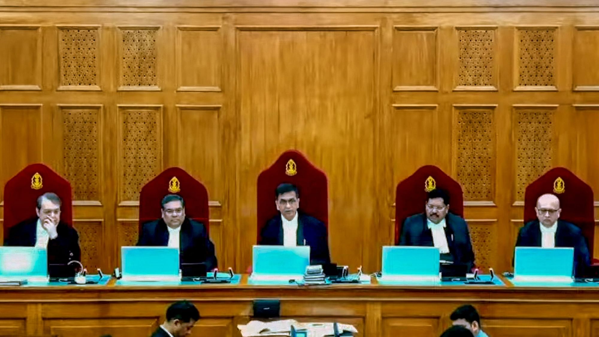 <div class="paragraphs"><p>The five-judge bench headed by Chief Justice of India Dr D.Y. Chandrachud and comprising Justices Sanjiv Khanna, B.R. Gavai, J.B. Pardiwala and Manoj Mishra during pronouncement of verdict on electoral bond scheme on Thursday, Feb. 15, 2024</p></div>