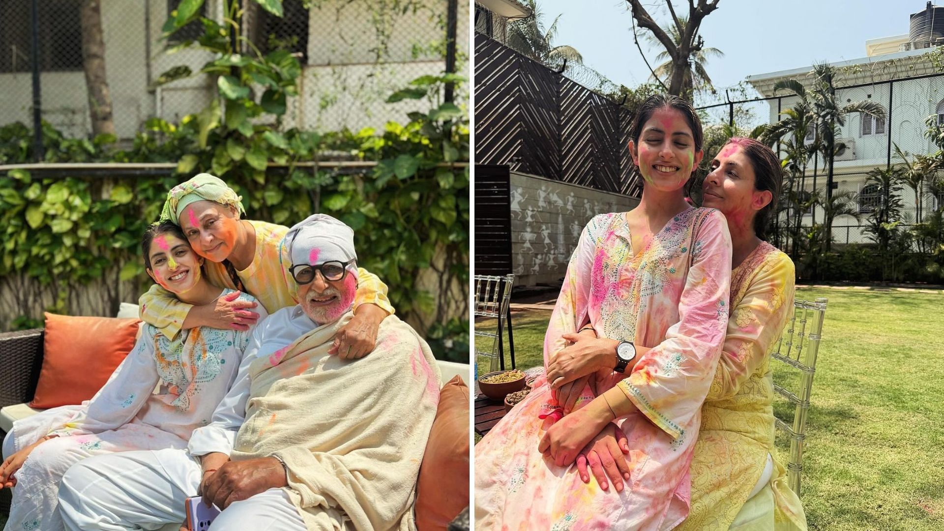 <div class="paragraphs"><p>Amitabh Bachchan and Jaya Bachchan celebrate Holi with their granddaughter Navya Nanda.</p></div>