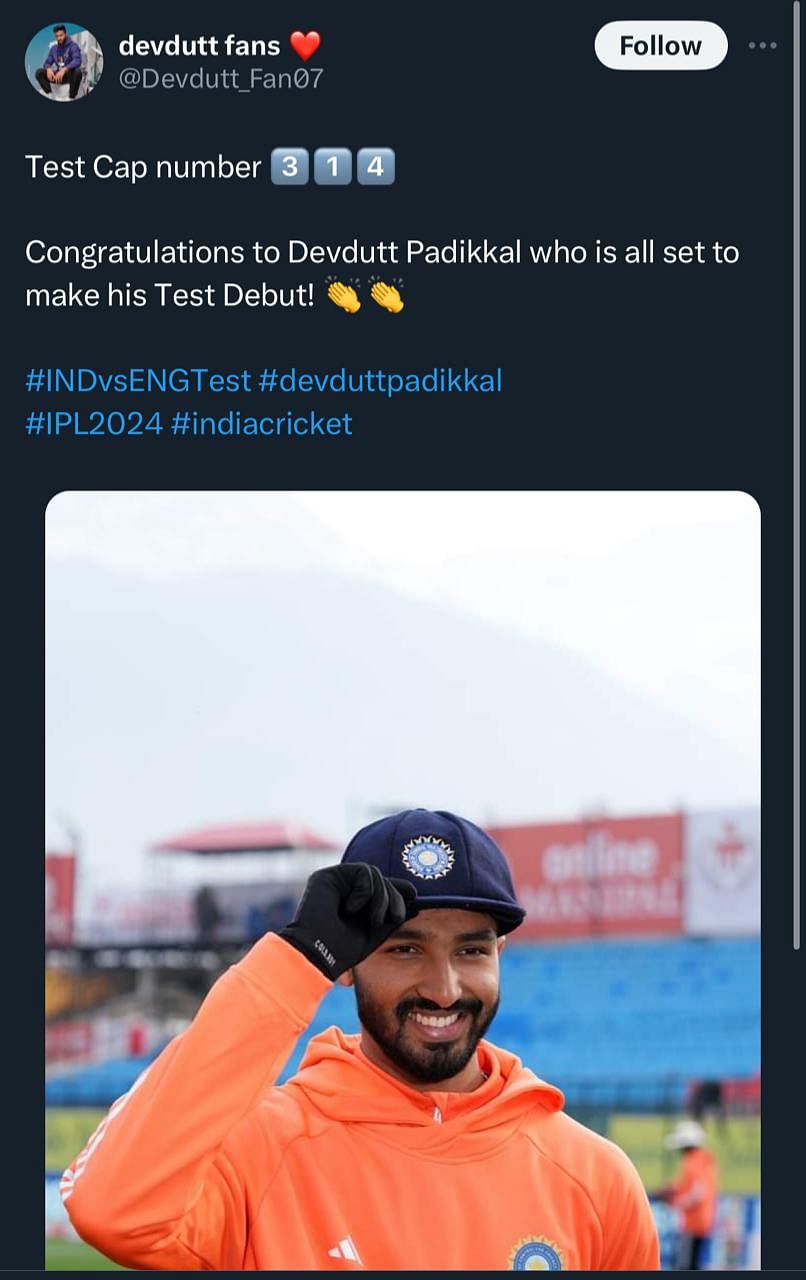 #IndvsEng | Devdutt Padikkal received his devut Test cap from #RAshwin, who is playing his 100th Test.