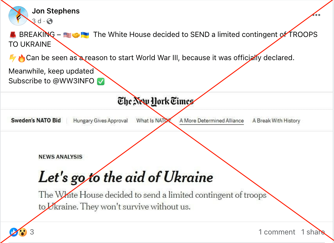 NYT clarified that it did not publish a headline or story titled “Let’s go to the aid of Ukraine.”