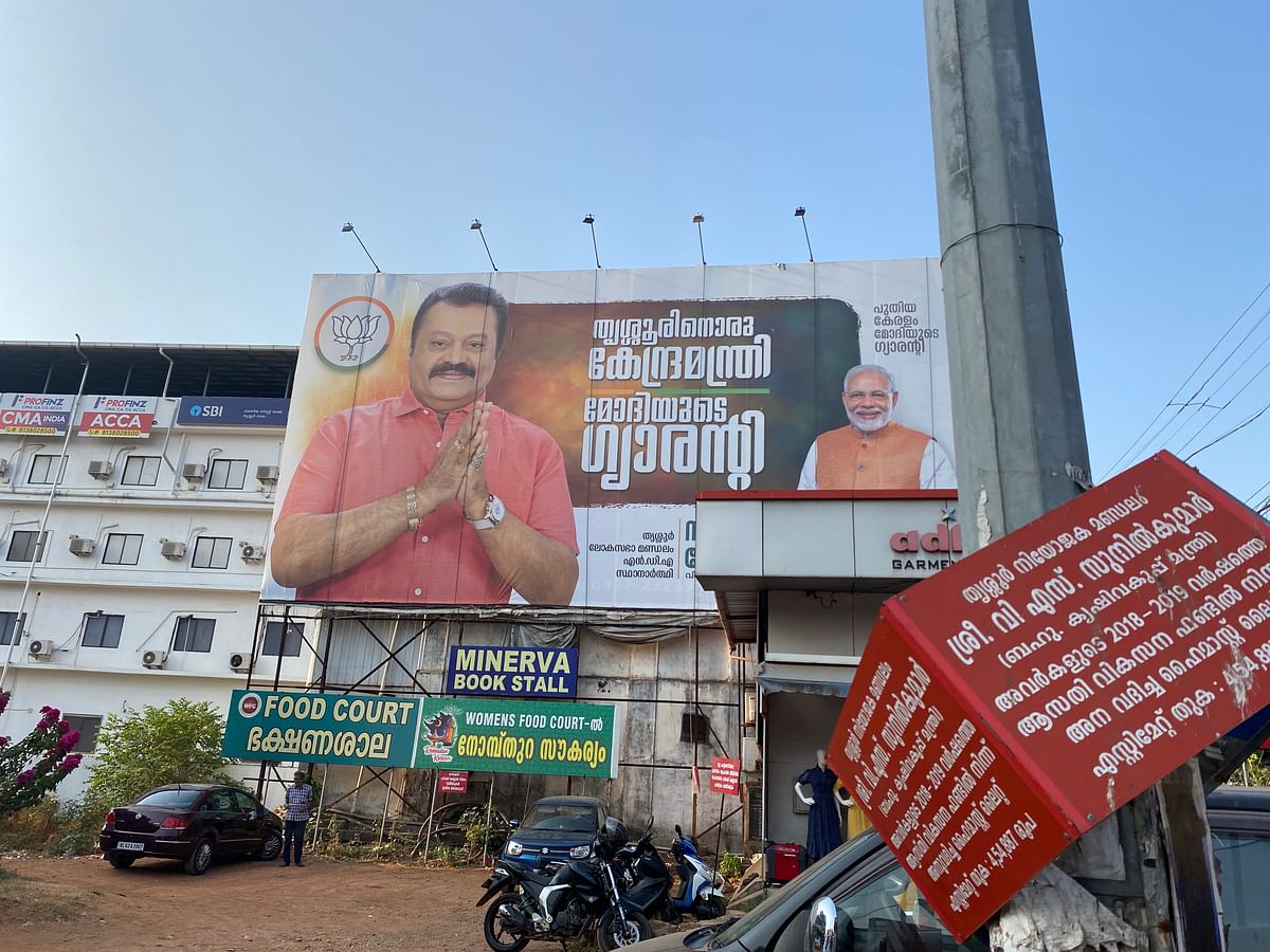 A three-way poll battle is underway in Thrissur, where the BJP has fielded the popular actor & ex-Rajya Sabha MP.