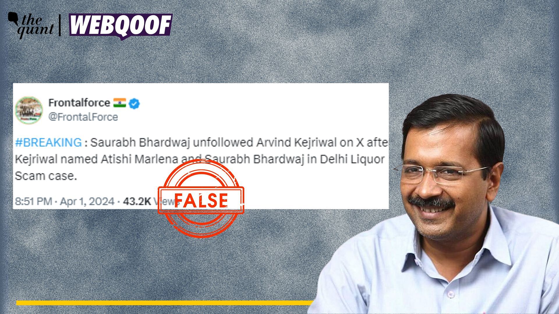 <div class="paragraphs"><p>Fact-Check | The claim about Bharadwaj unfollowing Kejriwal on X is false.</p></div>