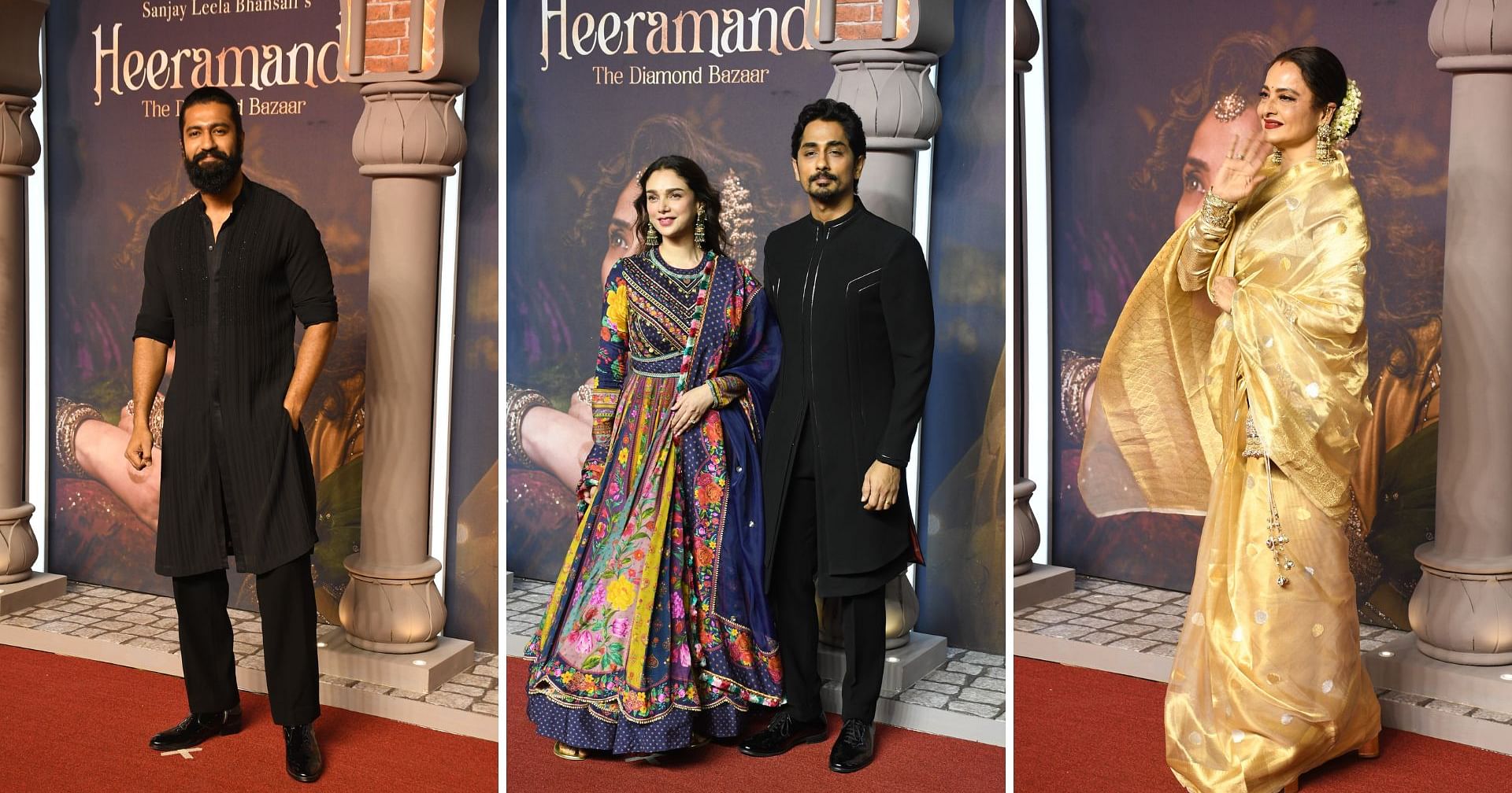 Pics: Aditi-Siddharth, Rekha & Vicky Kaushal Arrive for 'Heeramandi' Screening