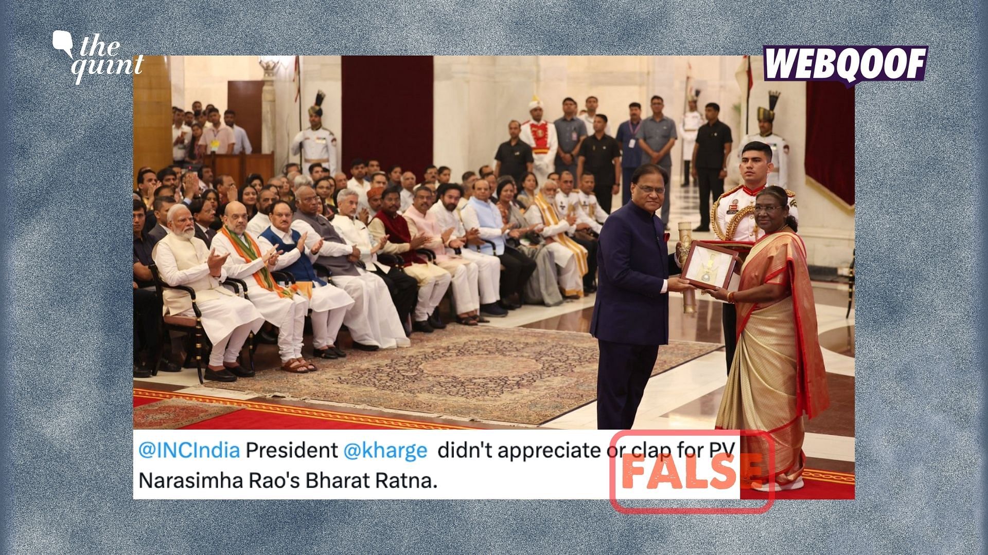 <div class="paragraphs"><p>A photo of former PM PV Narasimha Rao's Bharat Ratna ceremony is being shared with false claims about Congress president Mallikarjun Kharge.</p></div>