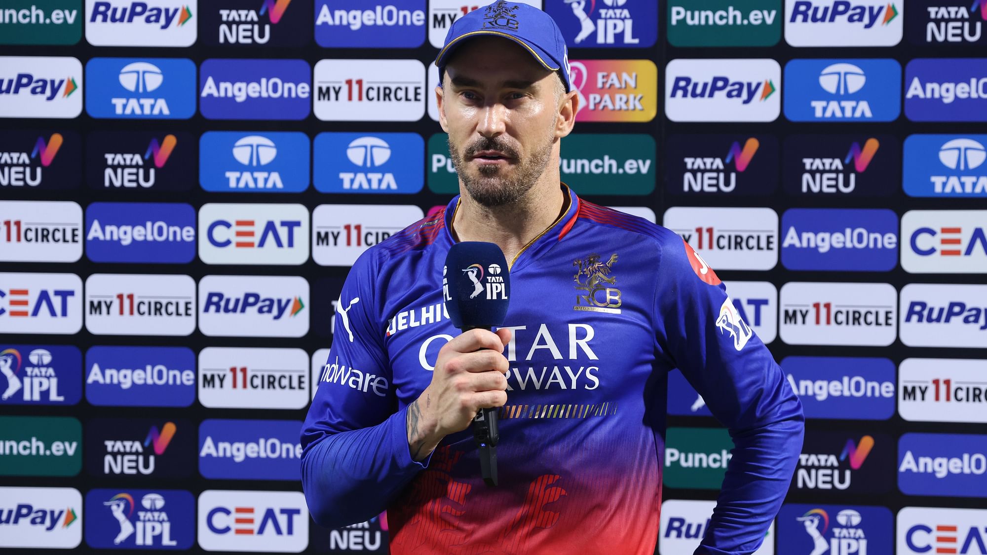 <div class="paragraphs"><p>Faf Du Plessis (c) of Royal Challengers Bengaluru at interview post match 25 of the Indian Premier League season 17 (IPL 2024) between Mumbai Indians and Royal Challengers Bangalore held at the Wankhede Stadium, Mumbai</p></div>
