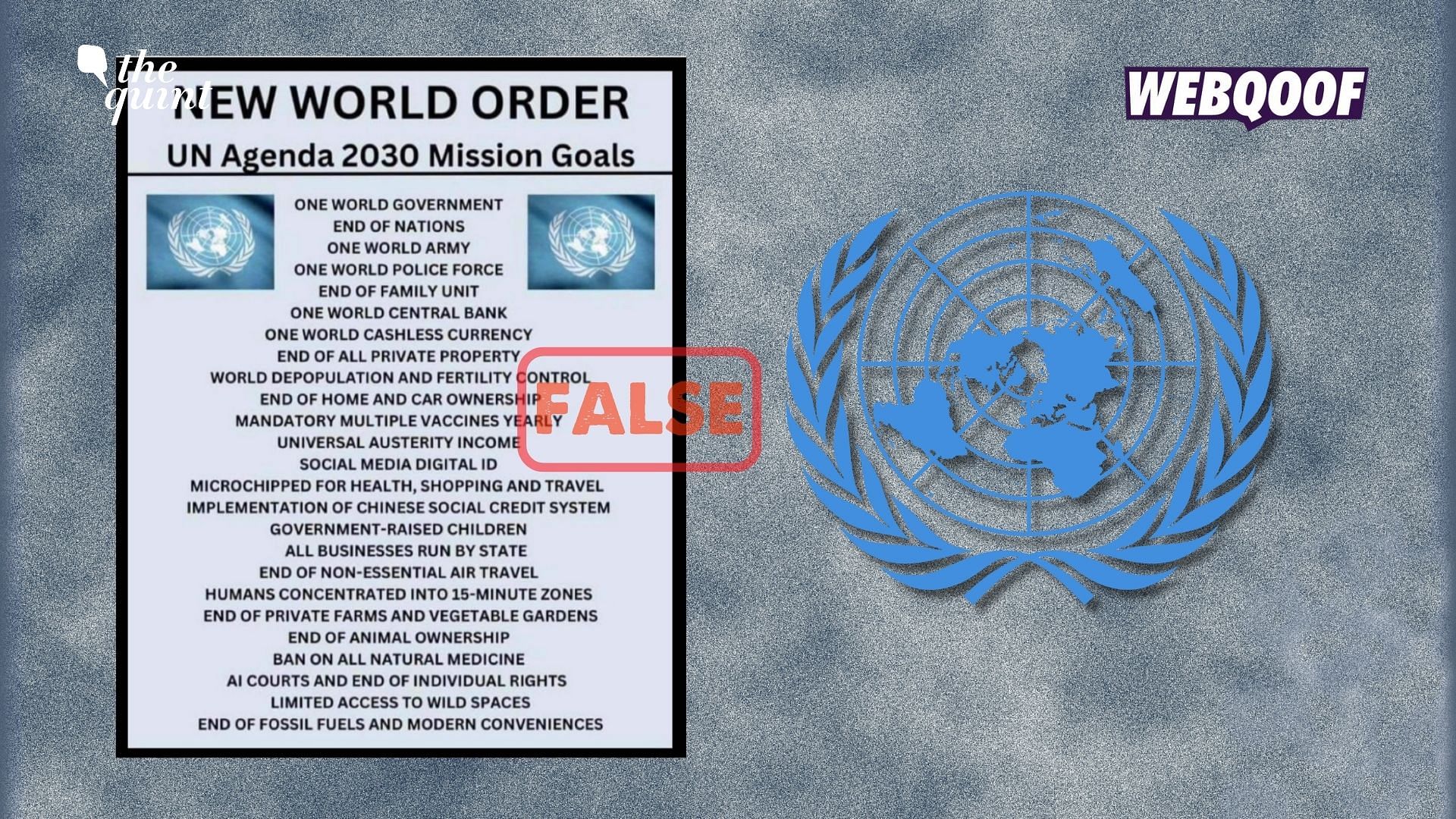 <div class="paragraphs"><p>The list is fabricated. The United Nations does not have an agenda related to a 'New World Order'.</p></div>