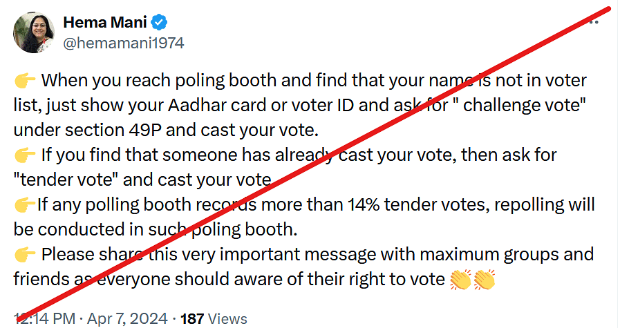 This claim carries misleading information about 'challenge vote', 'tender vote' and 'repolling'.