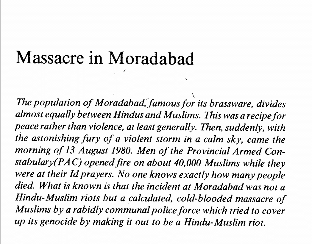 Four decades after the 1980 Moradabad Eidgah massacre, the UP government has released a report on the incident.