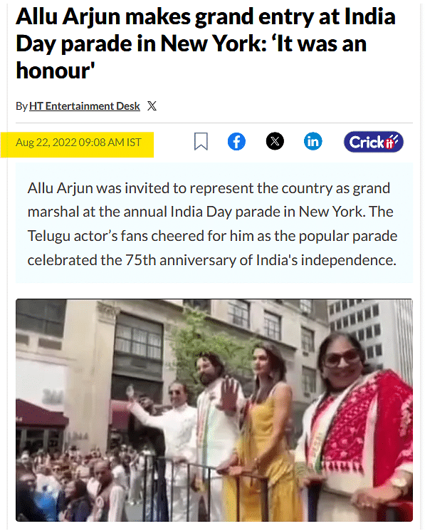 This video dates back to 2022 and shows the actor participating in the India Day Parade in New York.