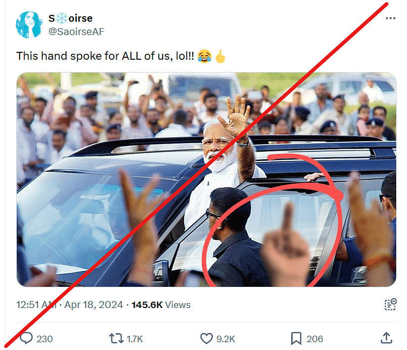 This is an edited image. The original image does not show the hand gesture encircled in the viral image.