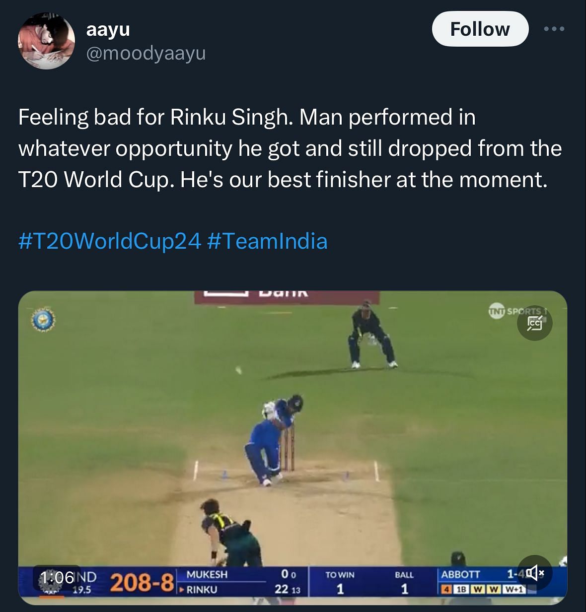 Here's how fans reacted to Rinku Singh's omission from team India's squad for the 2024 T20 World Cup.