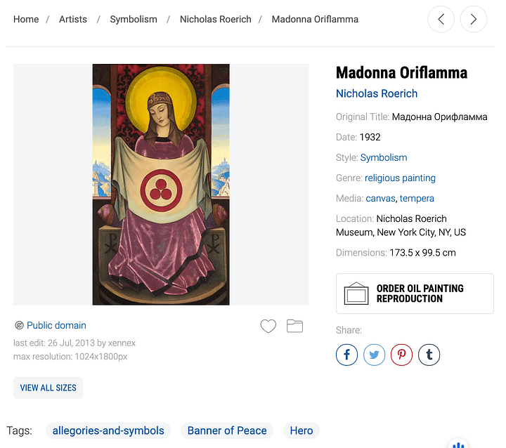 It shows a 1932 painting by Nicholas Roerich, titled 'Madonna Oriflamma.'