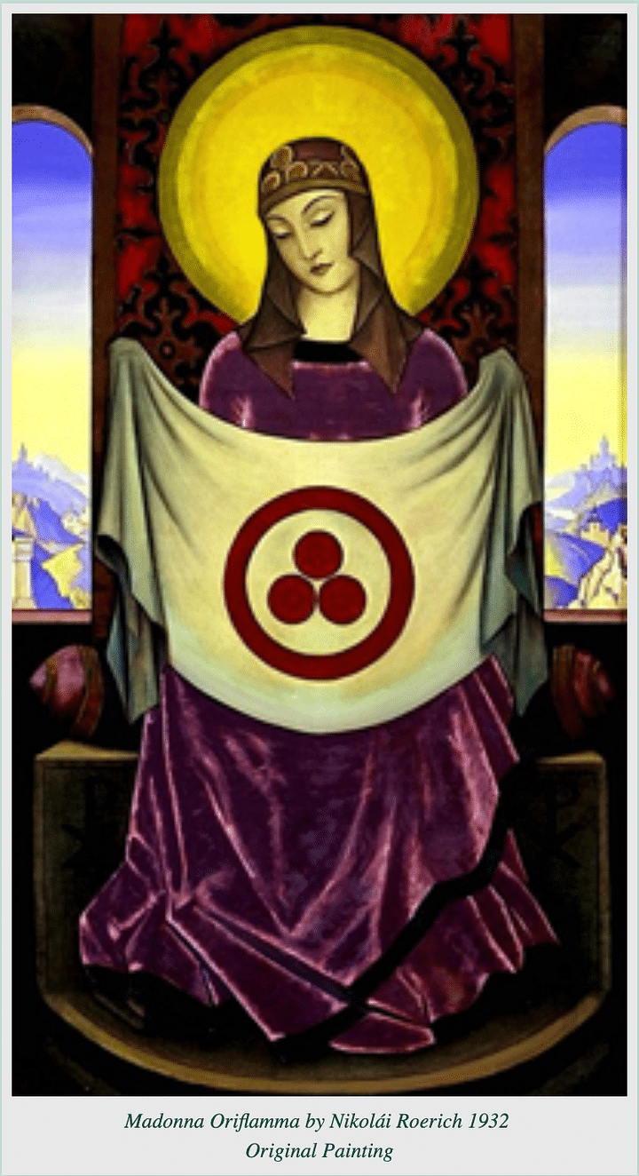 It shows a 1932 painting by Nicholas Roerich, titled 'Madonna Oriflamma.'