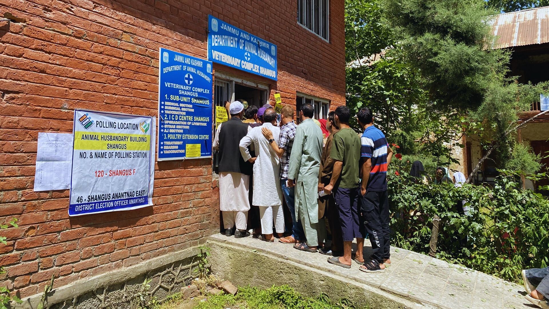 <div class="paragraphs"><p>Voters queue up outside a polling booth in the Shangus area of Anantnag district in South Kashmir.</p></div>